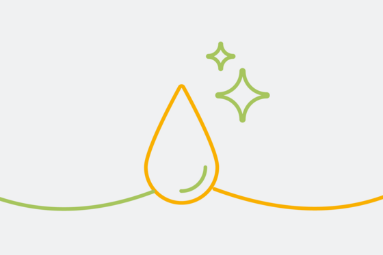 Illustration eines Wassertropfens mit zwei glitzernden Sternen als orange-grüne Bändergrafik, Dienstleistungen Krankenhaus, Sterilgutversorung, Medizin, Zentrale Sterilgutversorungsabteilung Illustration eines Wassertropfens mit zwei glitzernden Sternen als orange-grüne Bändergrafik