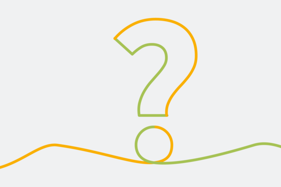 Illustration eines Fragezeichens als orange-grüne Bändergrafik, Dienstleistungen Krankenhaus, Sterilgutversorung, Medizin, Zentrale Sterilgutversorungsabteilung Illustration eines Fragezeichens als orange-grüne Bändergrafik