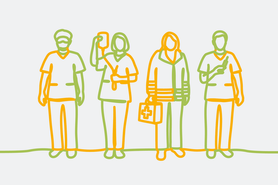 Illustration von vier Personen in medizinischer Funktionskleidung als orange-grüne Bändergrafik, Dienstleistungen Krankenhaus, Sterilgutversorung, Medizin, Zentrale Sterilgutversorungsabteilung Illustration von vier Personen in medizinischer Funktionskleidung als orange-grüne Bändergrafik